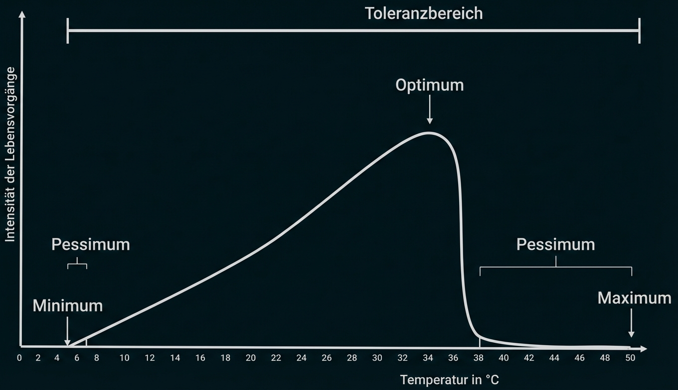 Diagramm: Intensität der Lebensvorgänge vs. Temperatur mit Minimum, Optimum, Maximum und Toleranzbereich.